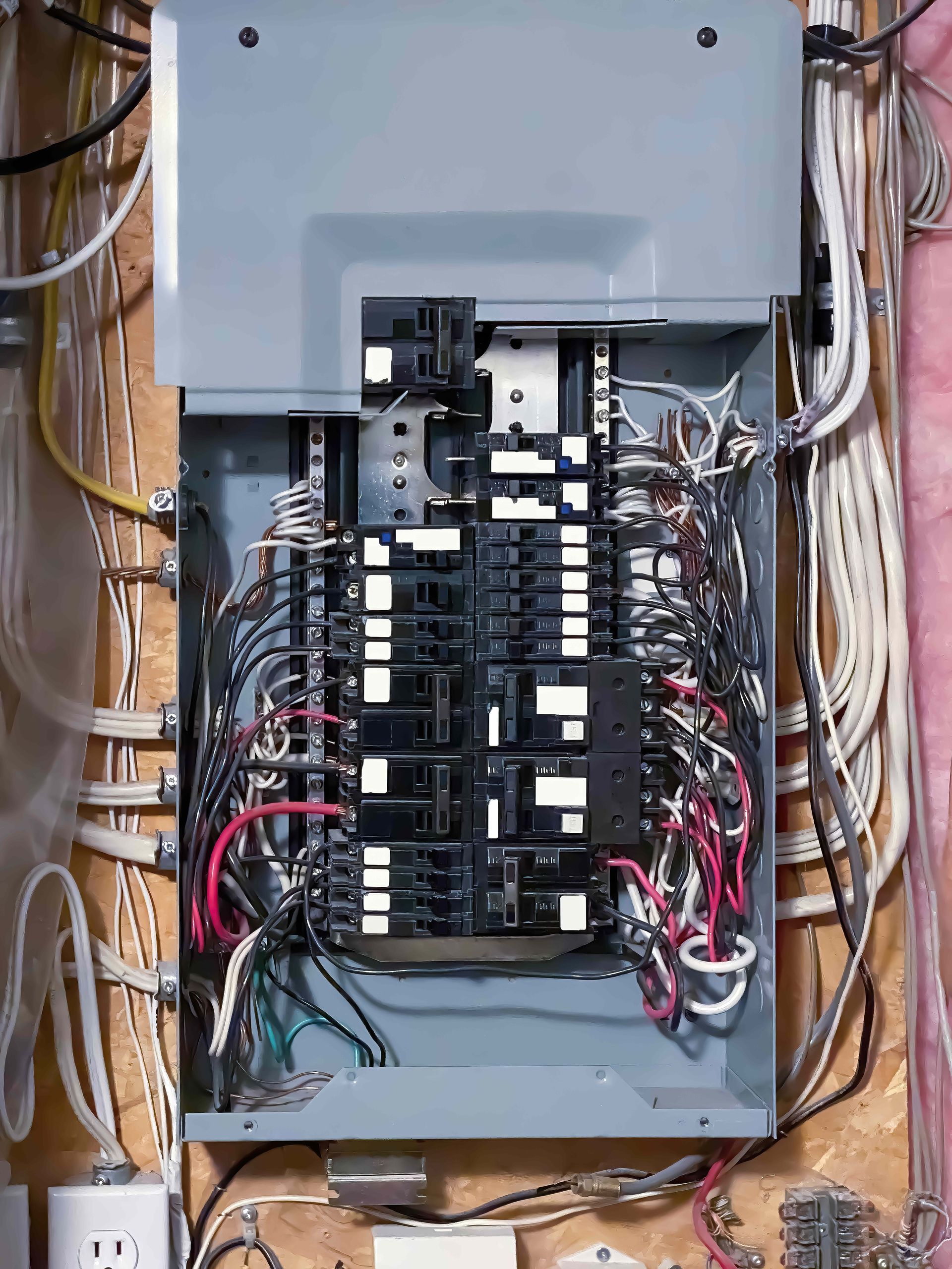 Open electrical breaker panel with exposed wiring and multiple circuit breakers.