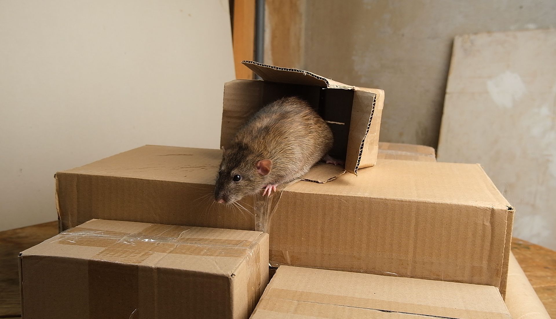Rat emerging from a cardboard box, atop a stack of boxes on a wooden surface.