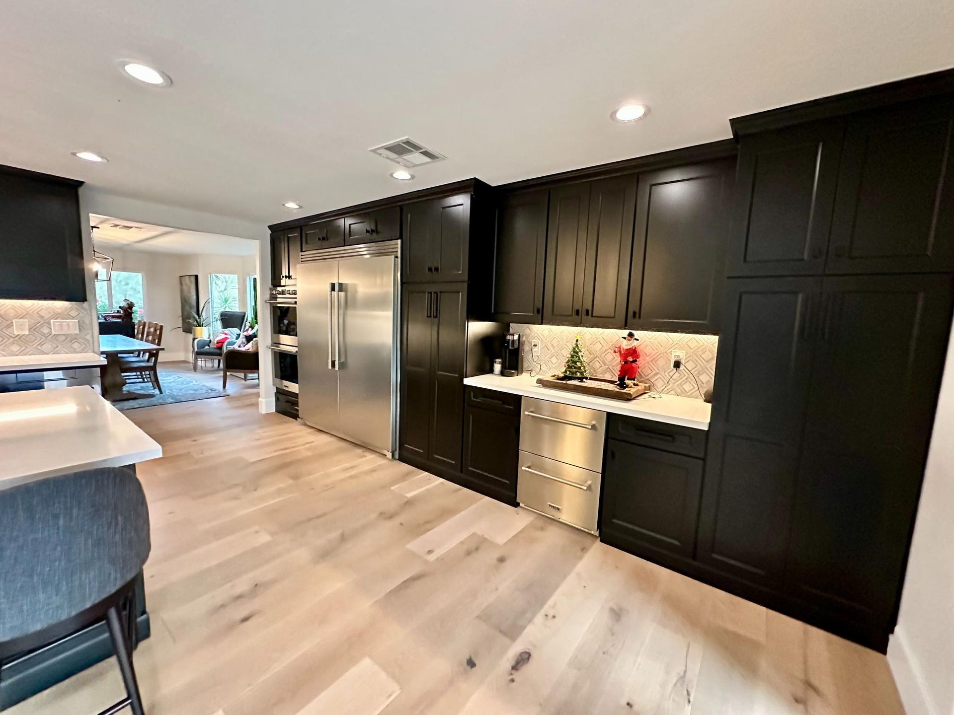 Kitchen with black cabinets, stainless steel appliances, and light wood floors.
