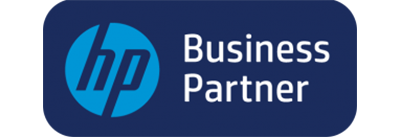 Logo HP Business Partner in blu e bianco con design rettangolare arrotondato.