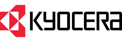 Logo Kyocera in testo nero con emblema geometrico rosso su sfondo bianco.