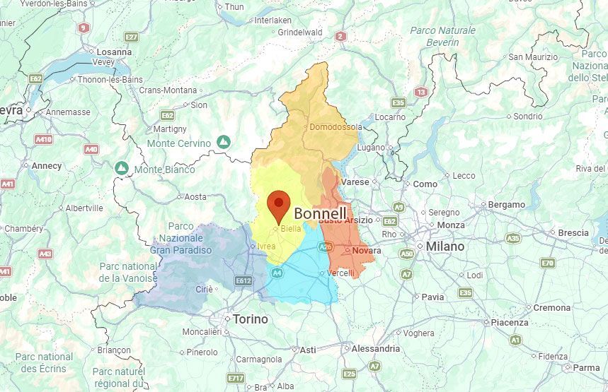 Mappa centrata su Bonn, in Germania, con aree evidenziate in giallo e blu e un segnaposto rosso che ne indica la posizione.