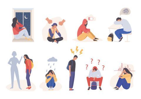 People in various stressful situations: crying, arguing, overwhelmed, worried, and sad.