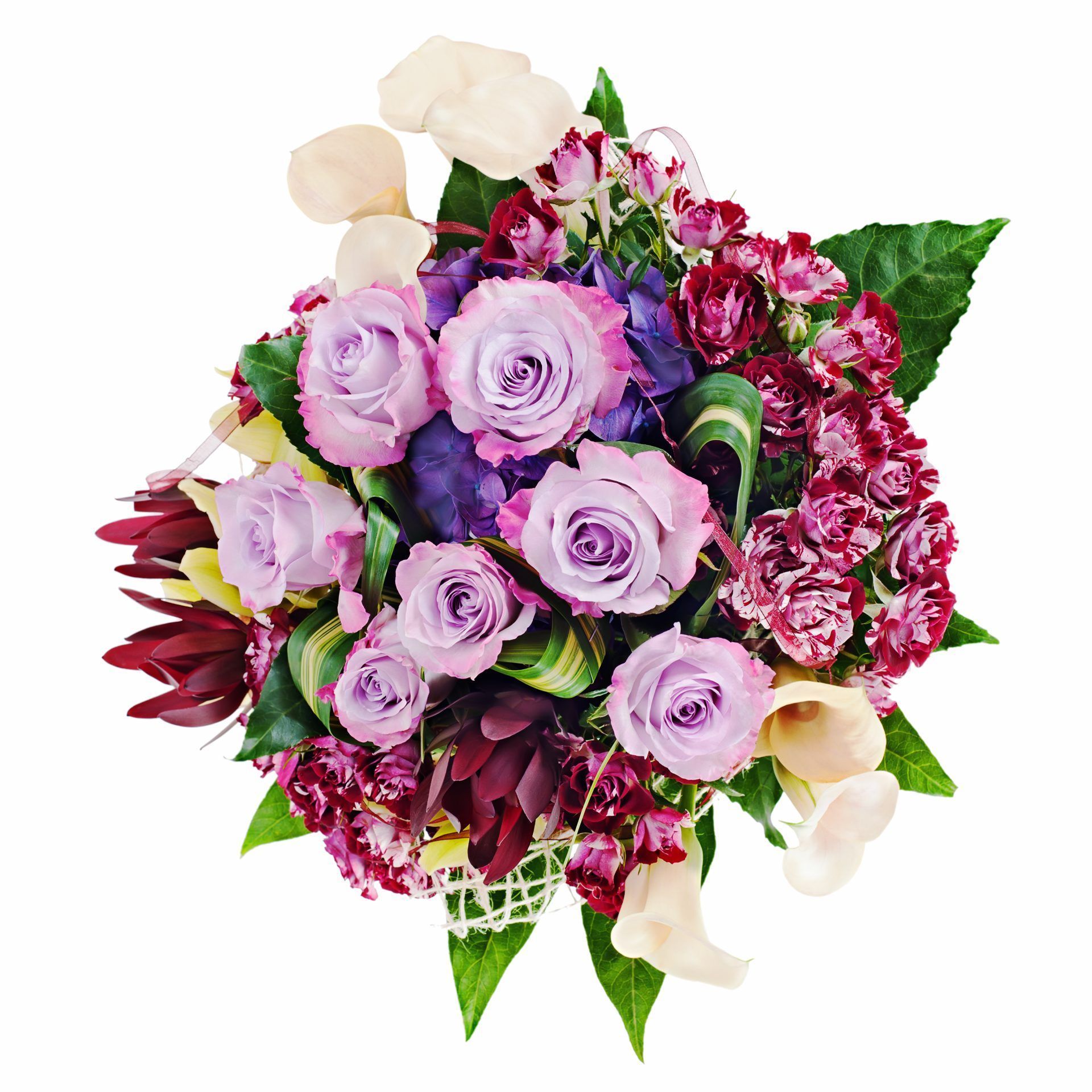 Bouquet of lavender, pink, and white flowers with green leaves and burgundy accents