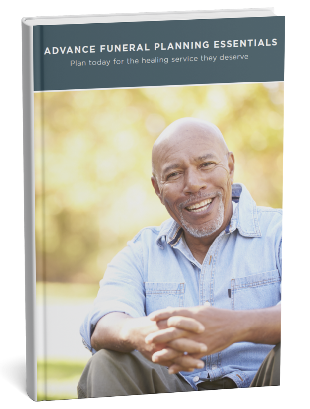 Book cover titled “Advance Funeral Planning Essentials” featuring a smiling man outdoors