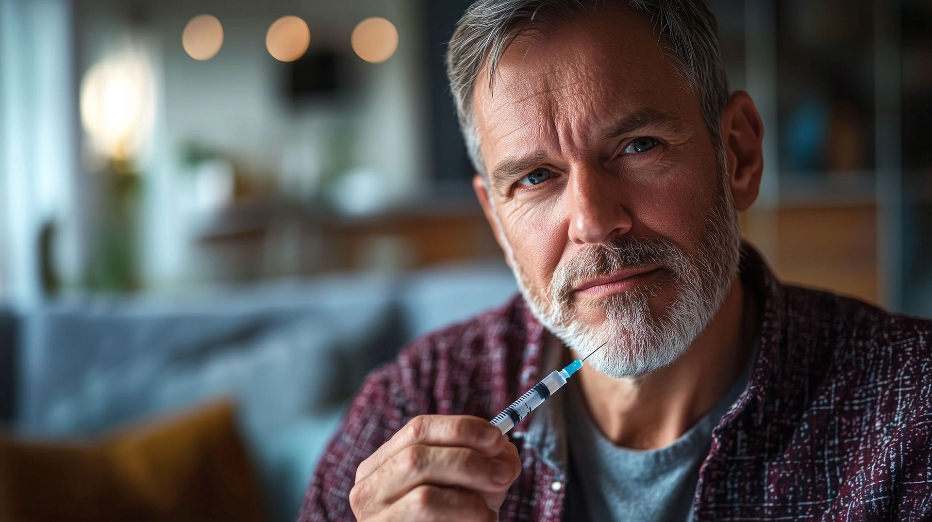 A man with a beard is holding a syringe in his hand.