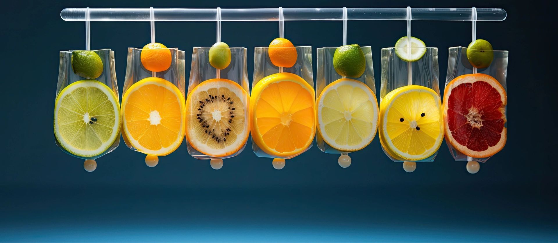 A row of glasses filled with sliced fruit hanging from a rack.