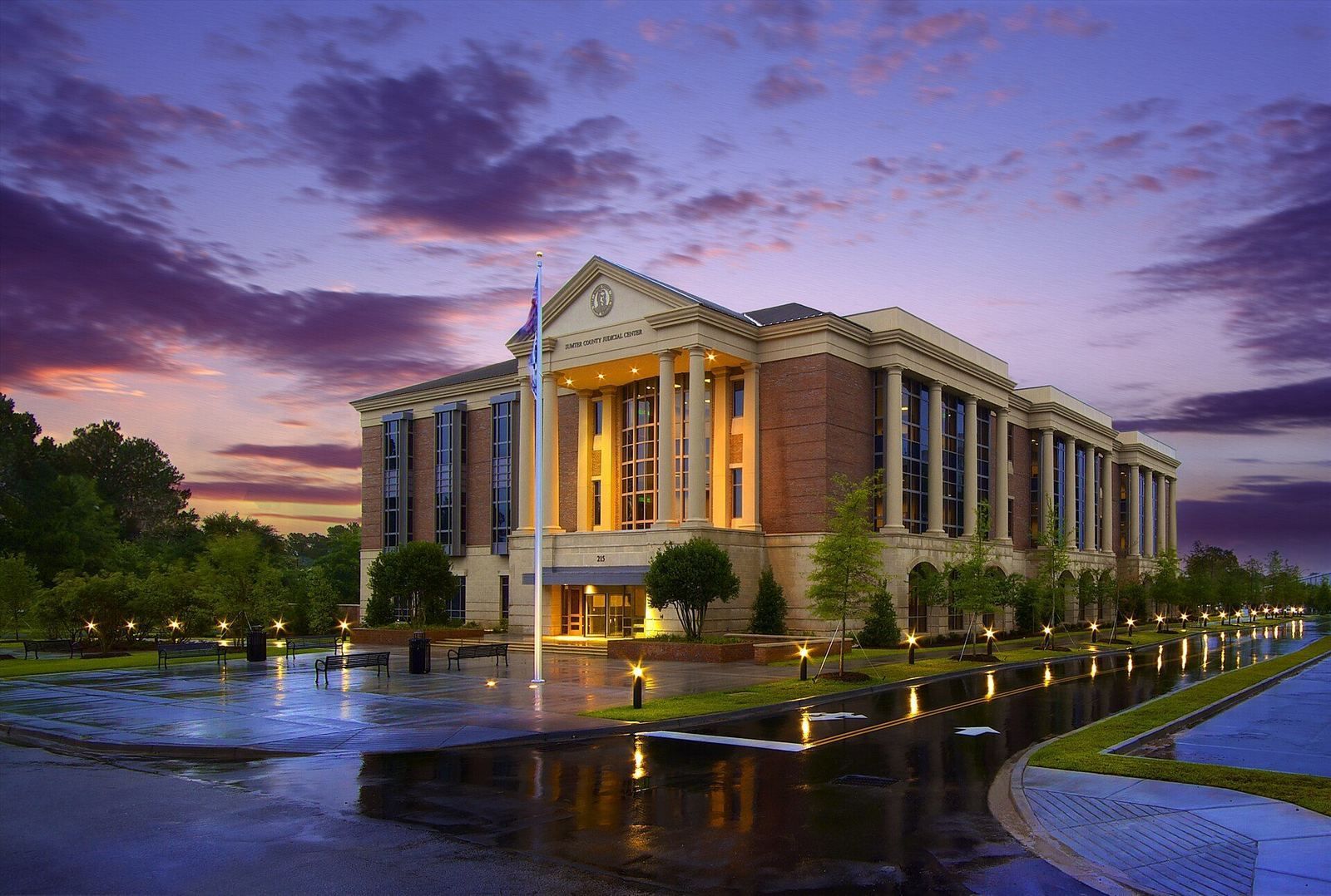 Sumter County courthouse at dusk in downtown Sumter, SC