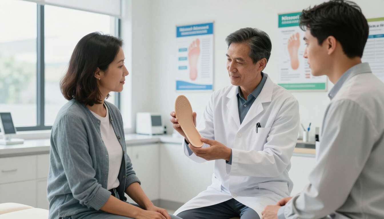 A podiatrist explaining the structure of a custom orthotic to a patient in a modern office