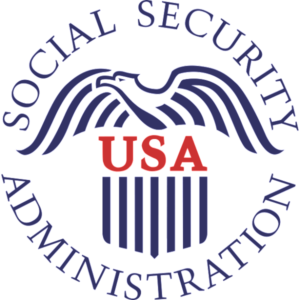 Social Security Administration logo with blue arc, red USA, and blue stripes on white background