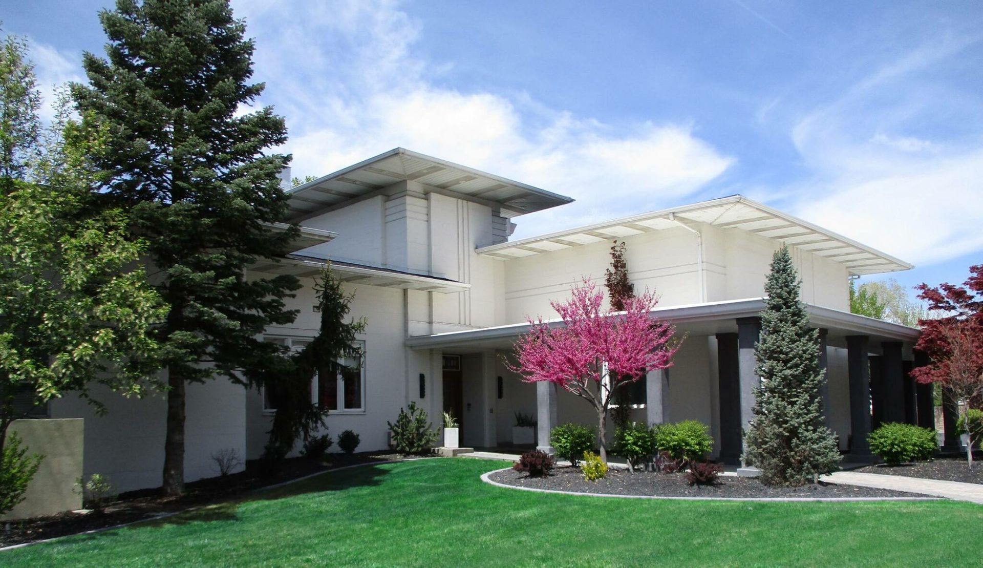 Modern beige house with a green lawn, trees, and a pink flowering tree in front