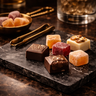 Assorted gourmet chocolates on a dark stone board with a warm, rustic background