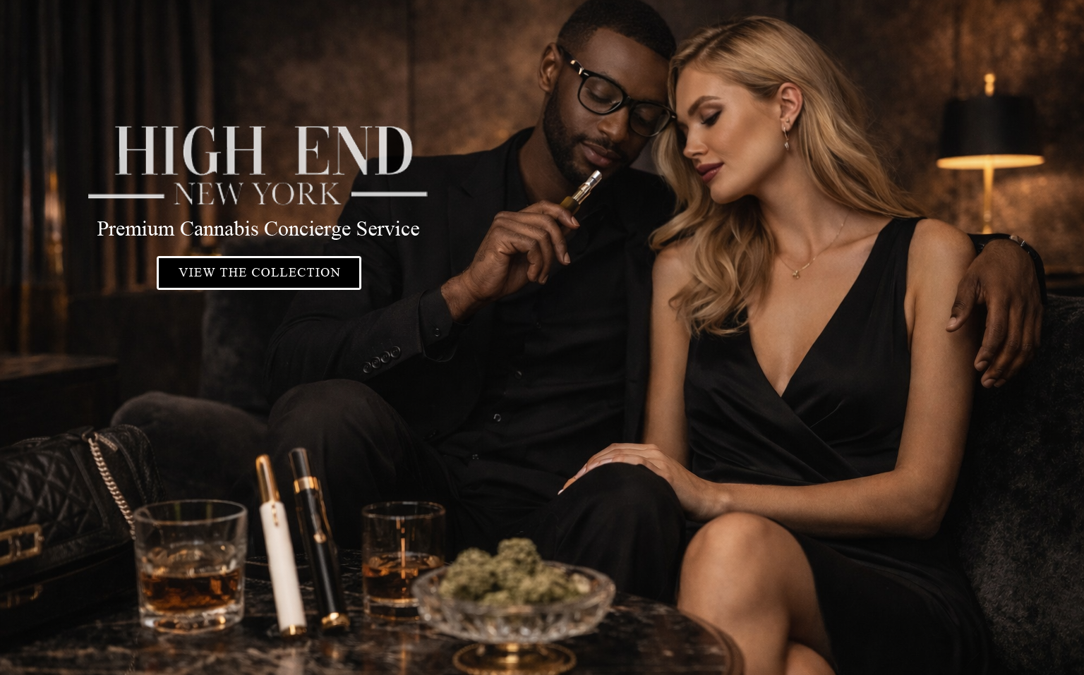 Luxury lounge scene with a man and woman seated by drinks, beside “High End Network” text.