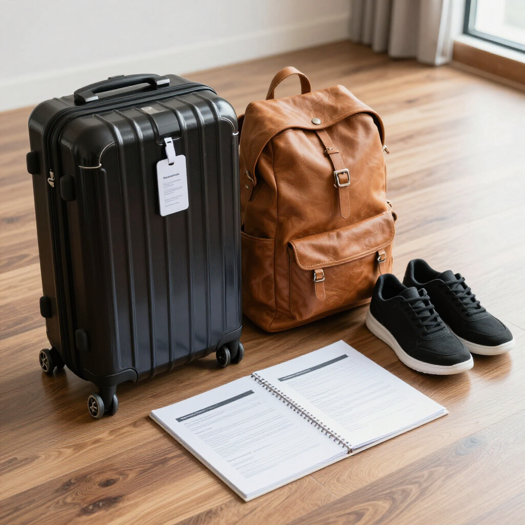 A black suitcase, a brown leather backpack, a pair of black sneakers, and an open notebook on a wooden floor.