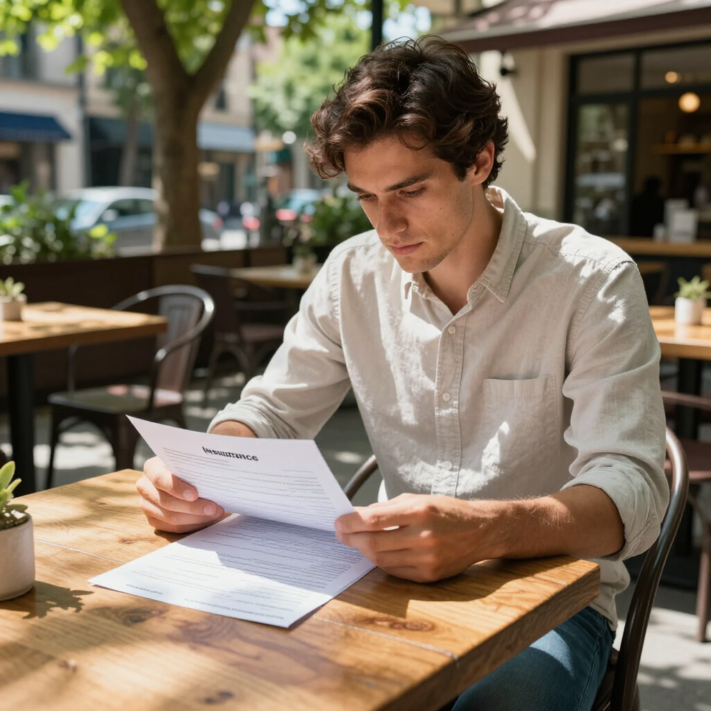 A person sits at an outdoor restaurant table, focused on reading a document held in their hands.