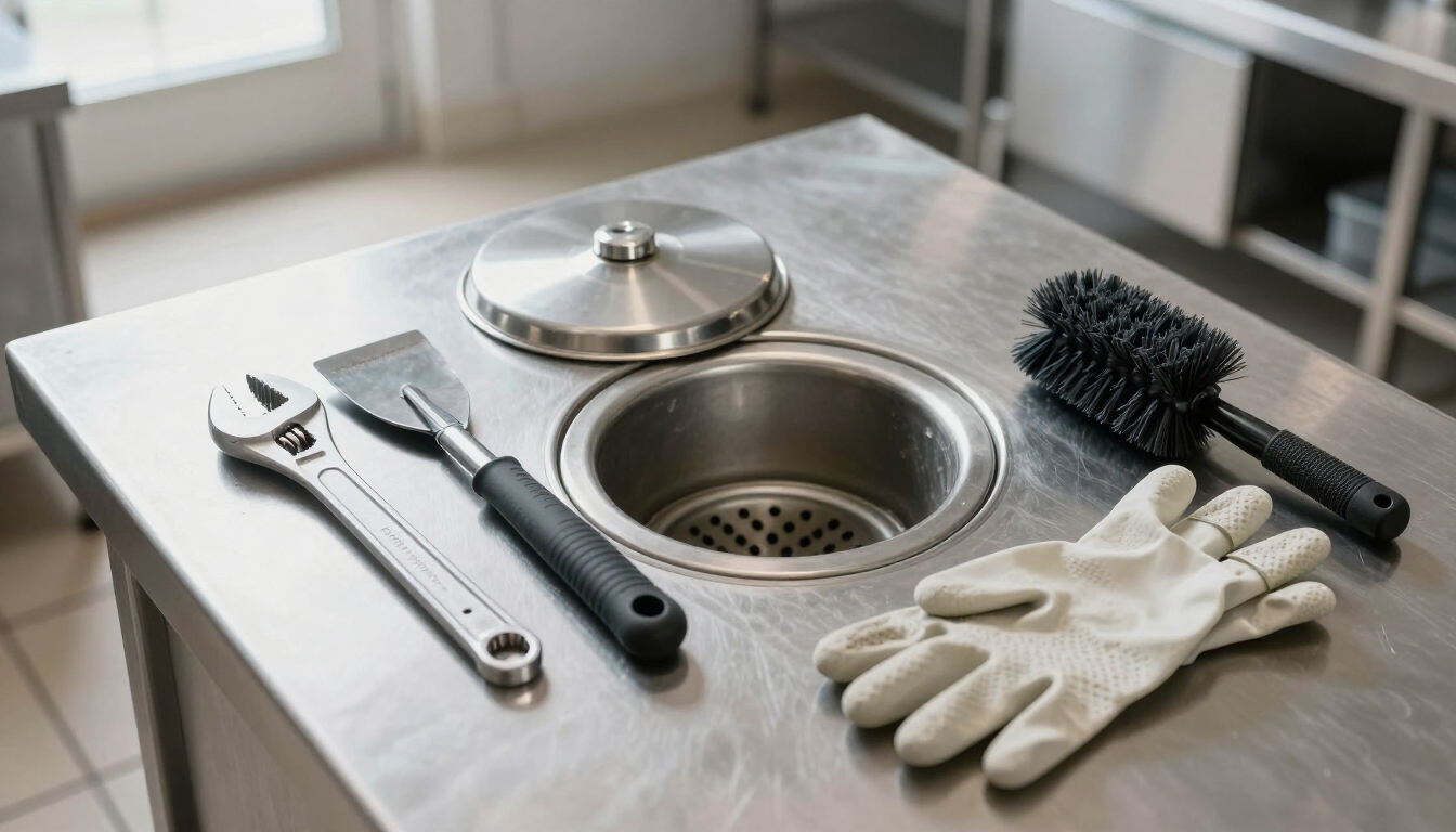 Grease and food waste build-up near a commercial kitchen drain