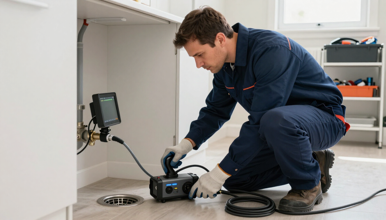 Professional plumber inspecting causes of slow drains and sewer backups