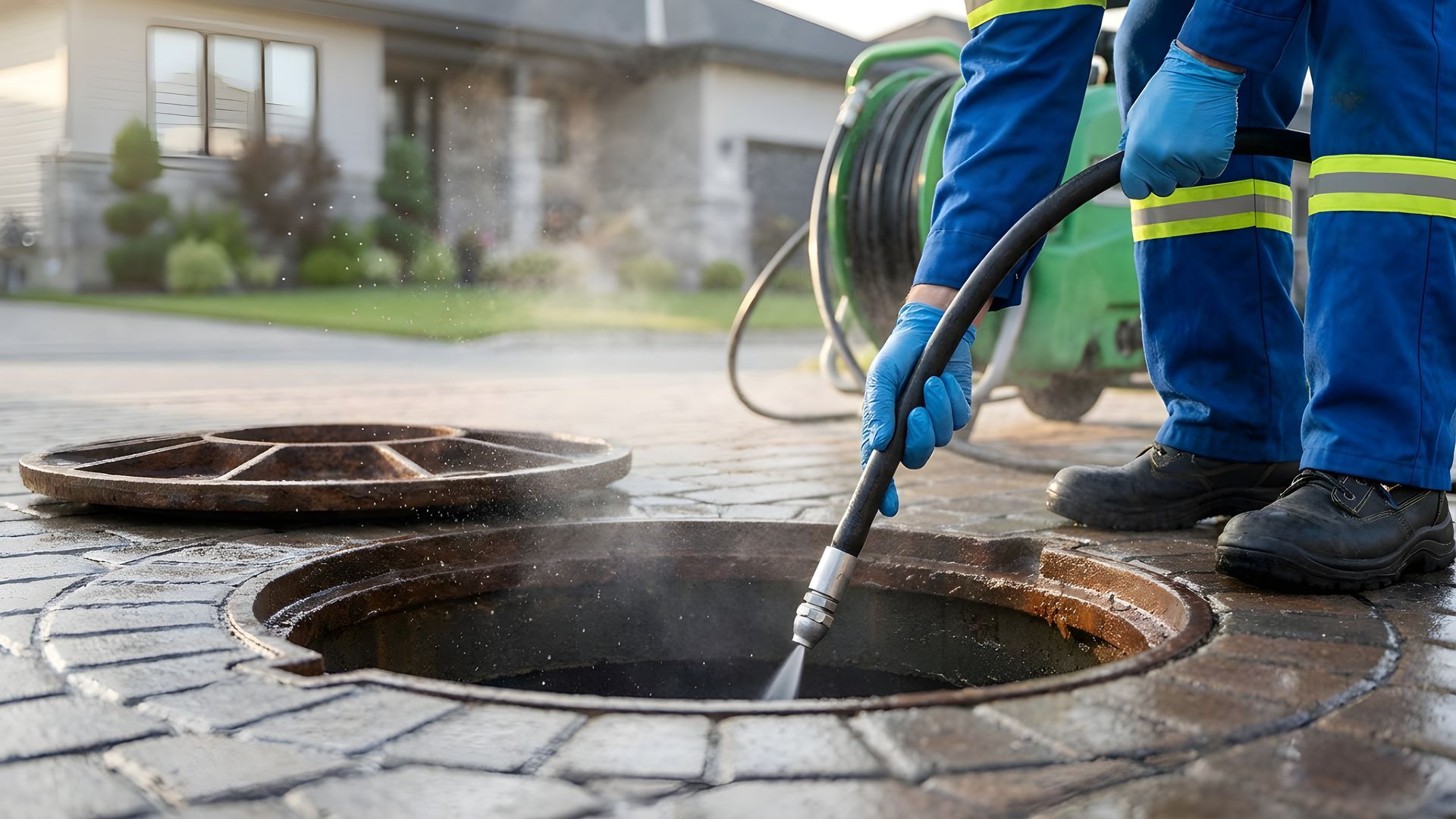 Worker pressure-washing an open manhole cover on a wet driveway outside a house Worker pressure-washing an open manhole cover on a wet driveway outside a house