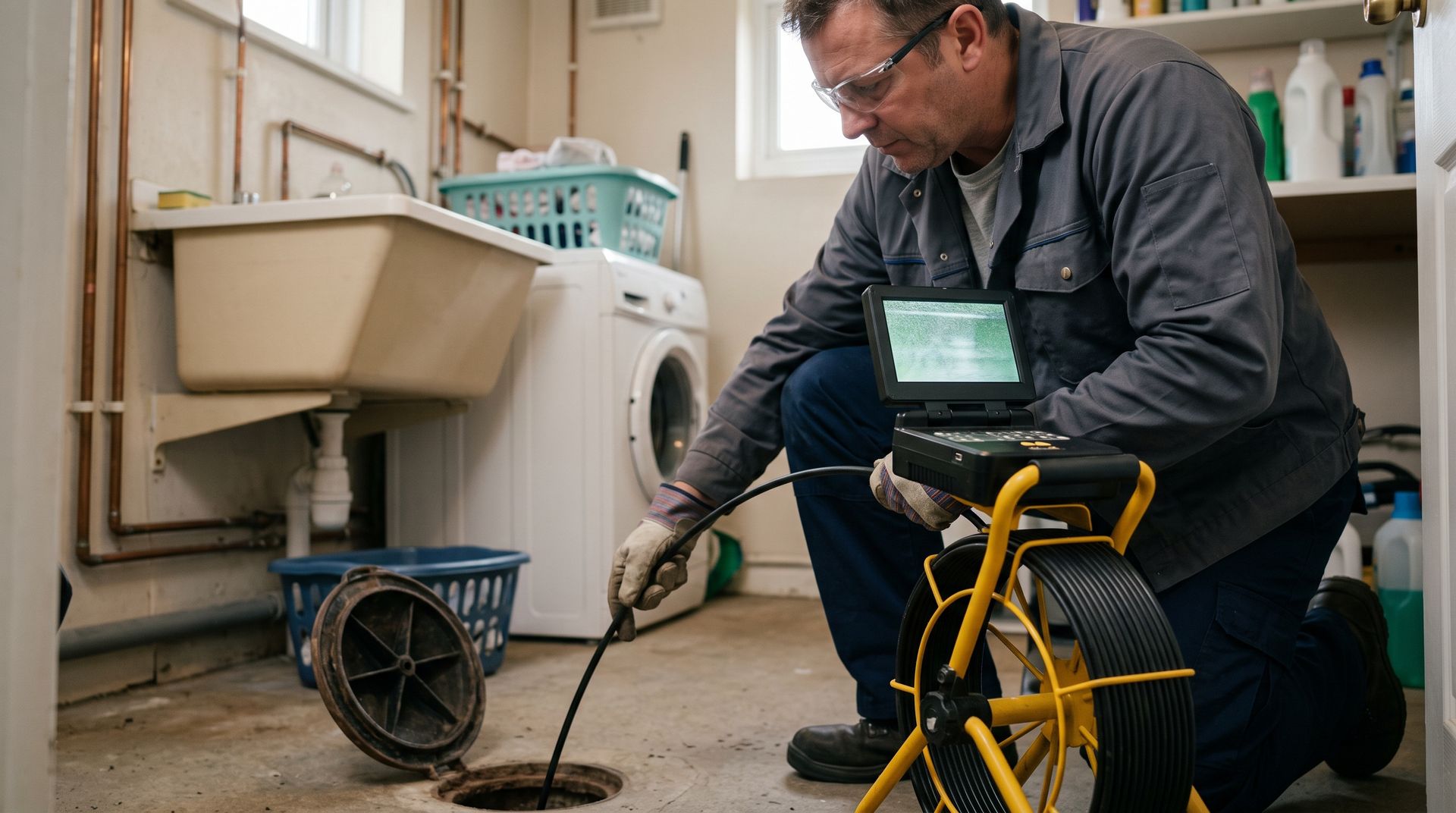 Technician inspecting a drain with a sewer camera in a laundry room, near a washing machine.