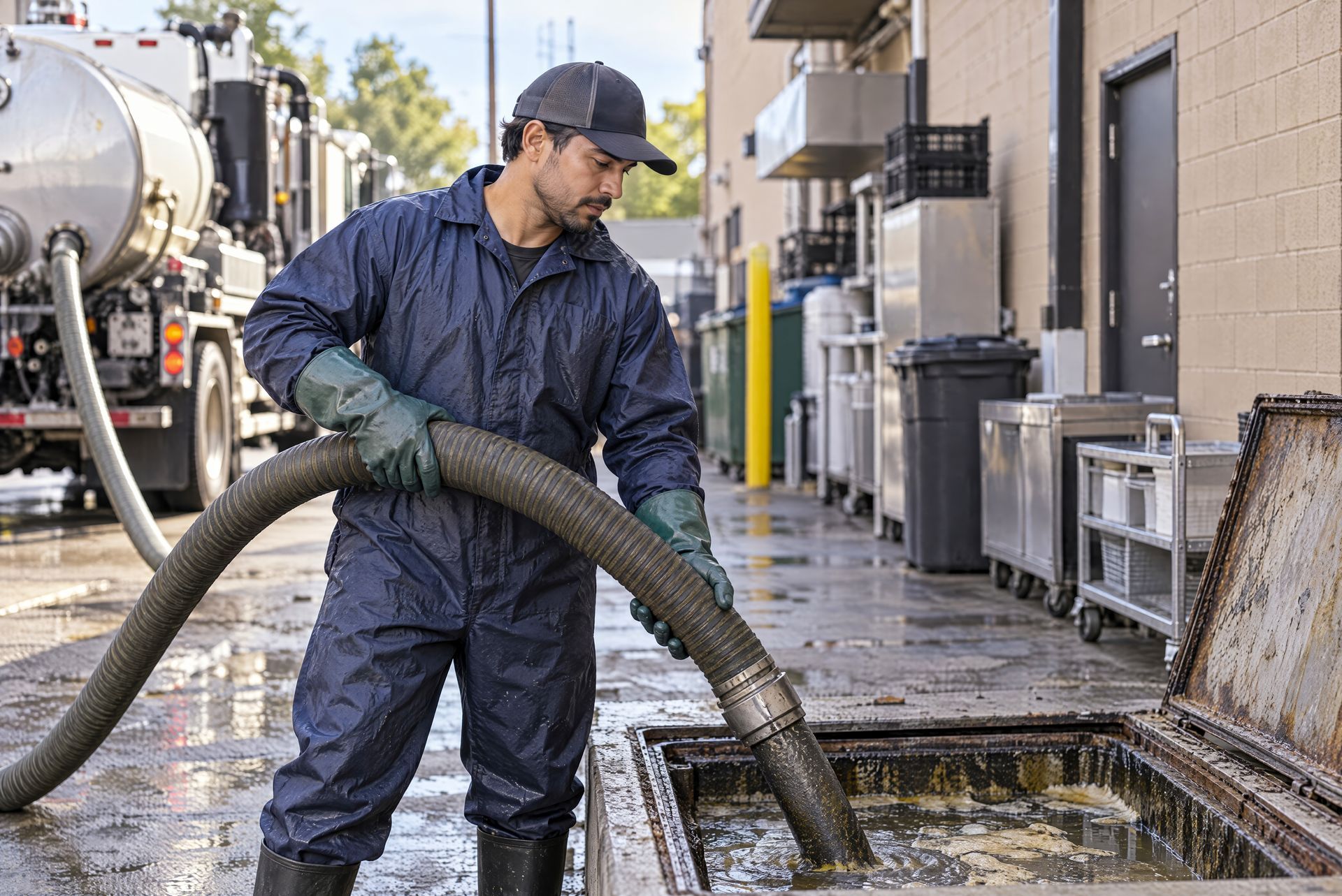 Worker pressure-washing an open manhole cover on a wet driveway outside a house Worker cleaning a wet industrial area with a large hose beside a tanker truck