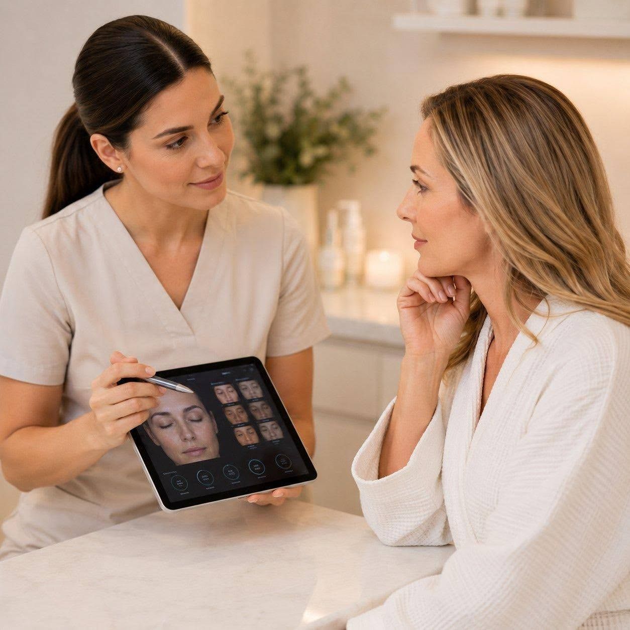 Personalized skin assessment consultation at a medical spa in Newmarket before facial treatment