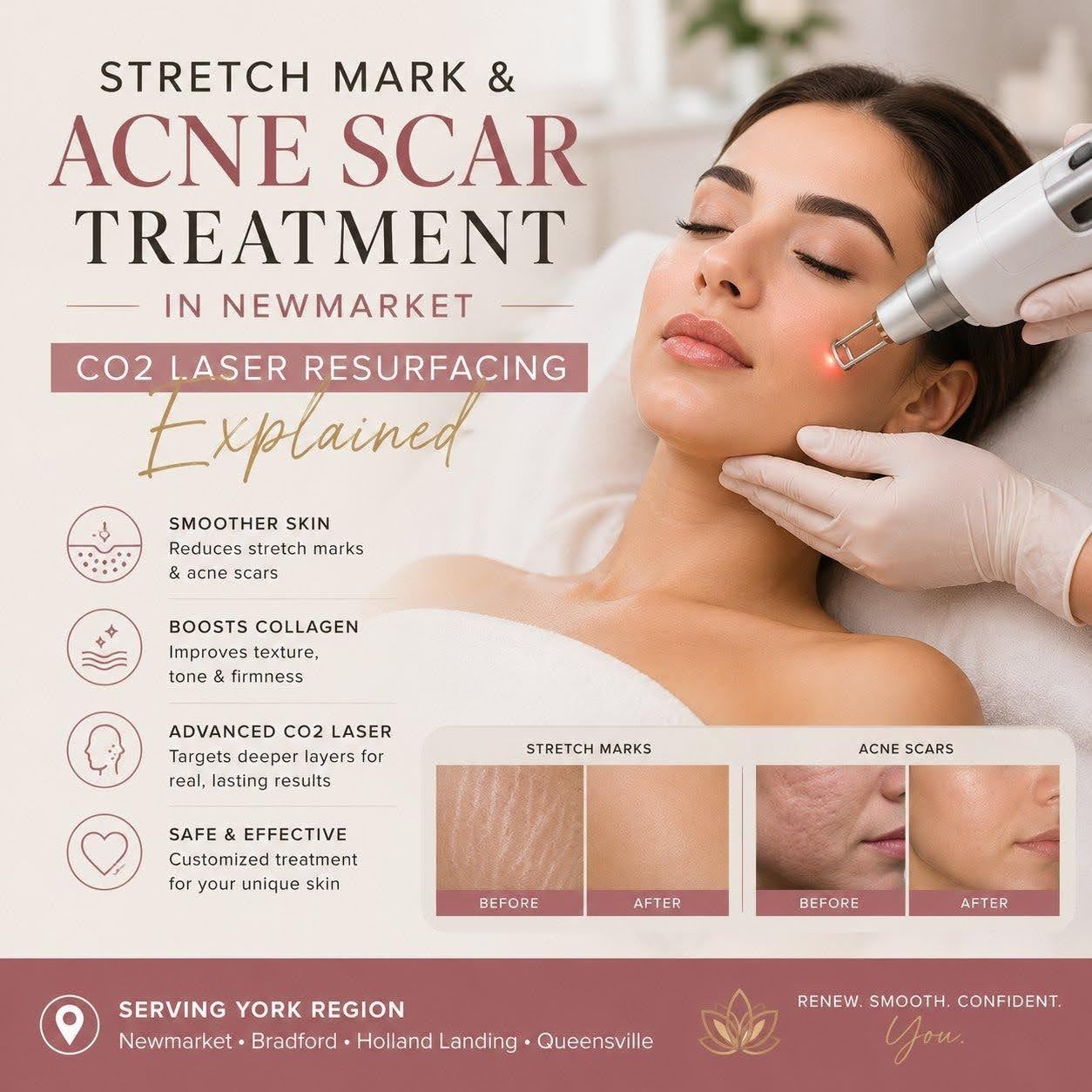 CO2 laser resurfacing treatment in Newmarket for acne scars, stretch marks and smoother skin texture