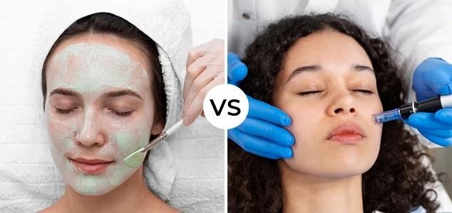 Side-by-side comparison of a chemical peel and a microneedling facial treatment
