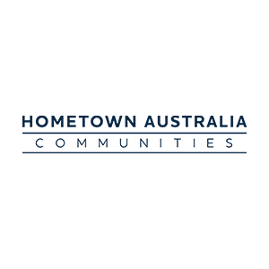 The logo for hometown australia communities is a blue logo on a white background.