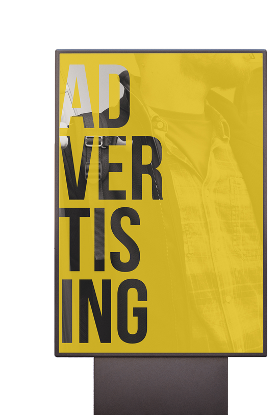 A yellow sign that says advertising on it