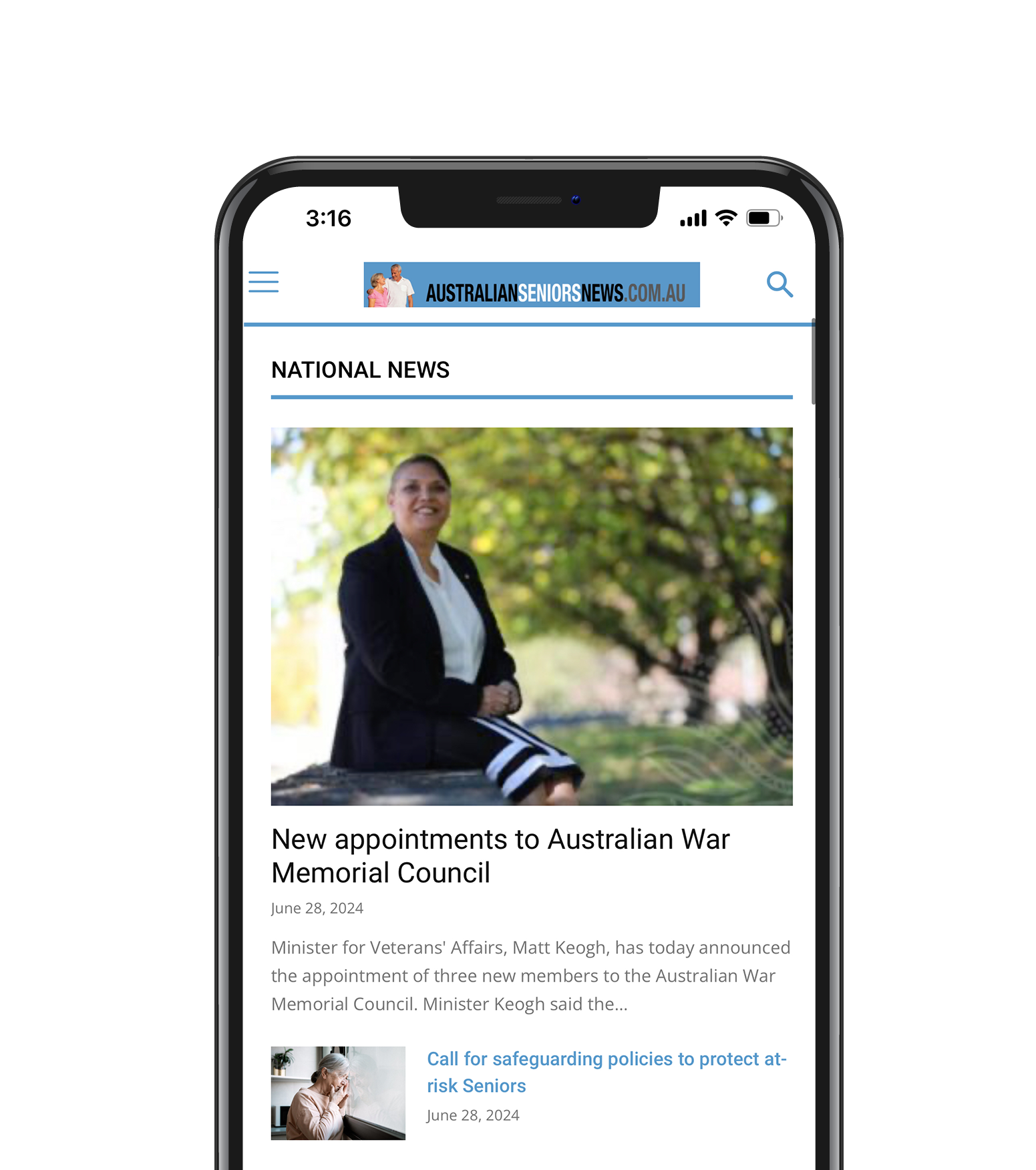 A cell phone with a picture of a woman sitting on a bench on the screen.