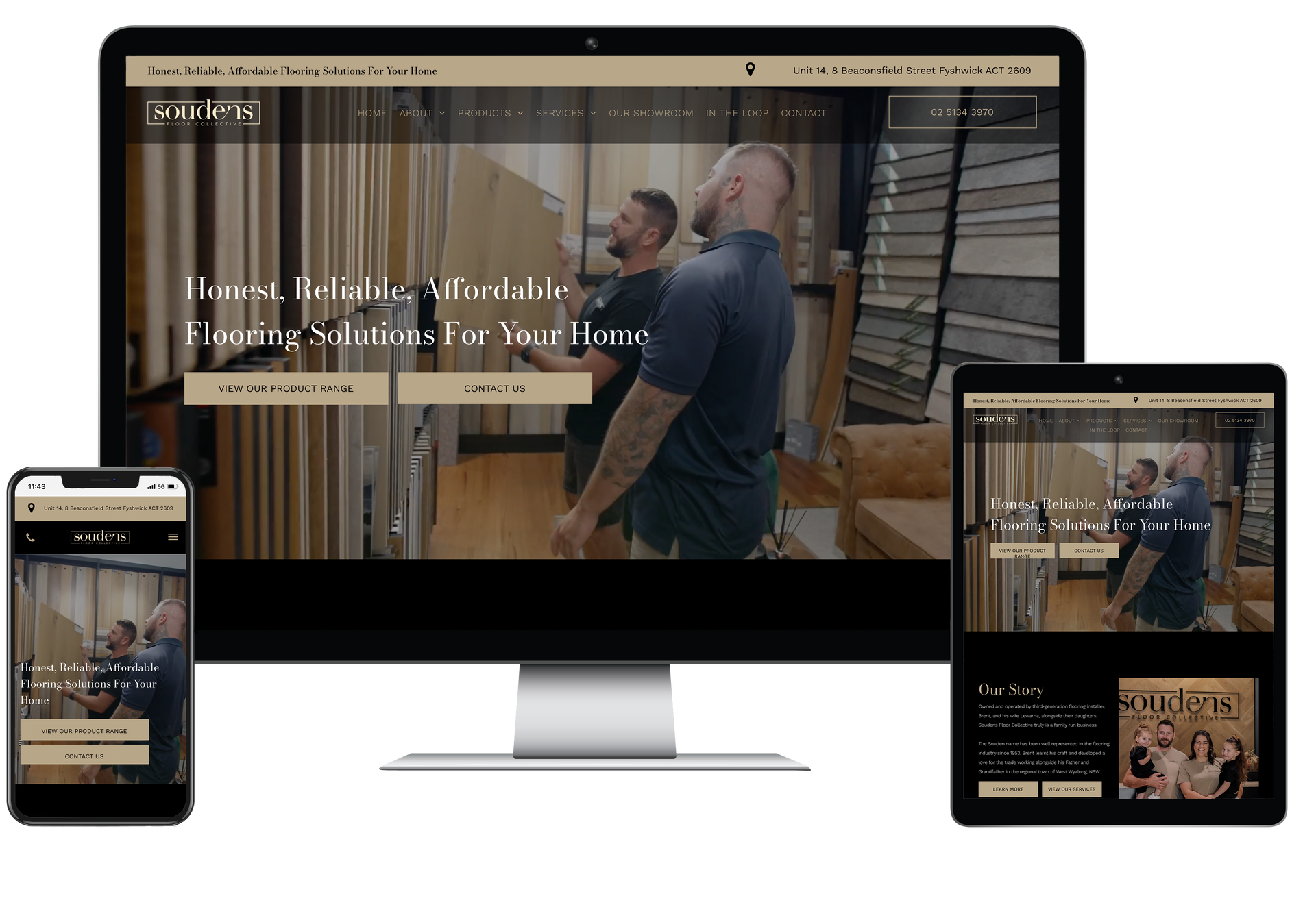 A website is displayed on a computer , tablet , and phone for a carpet company.