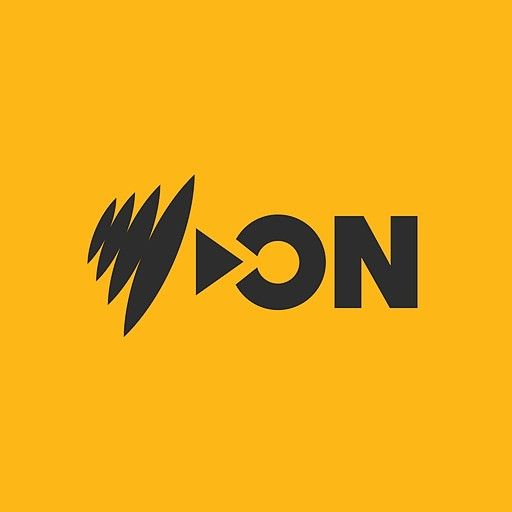 A yellow background with a black logo on it.