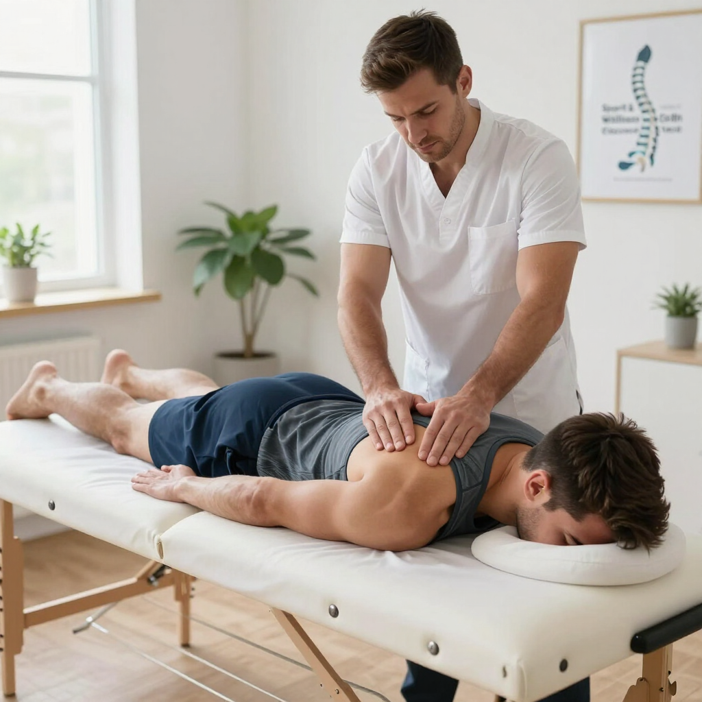 A physical therapist assists a patient in performing a shoulder exercise using a light green resistance band.