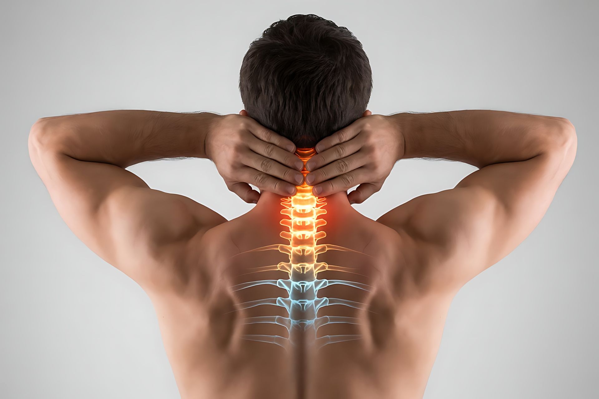 Man holding neck with highlighted spine showing pain or discomfort.