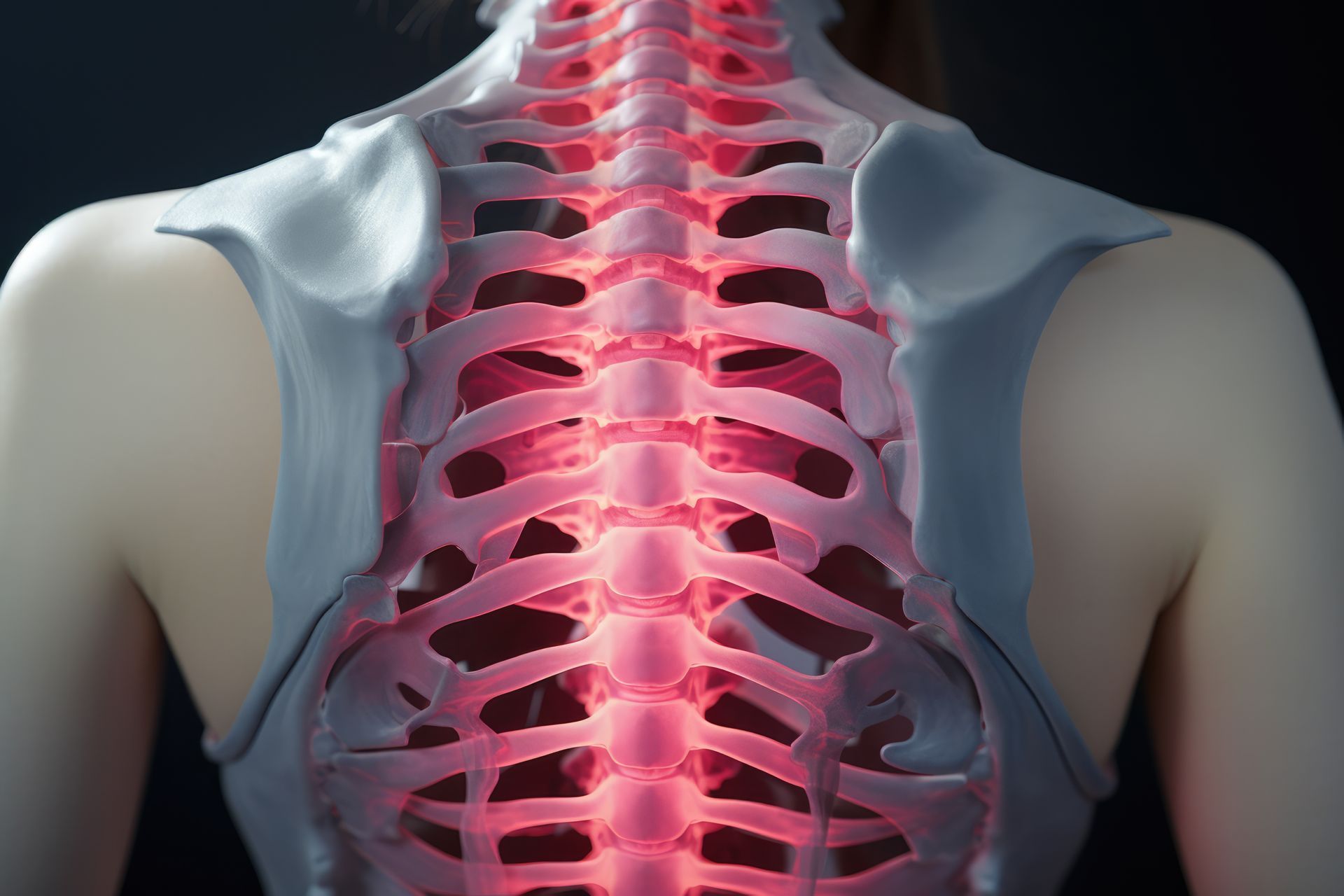 Human vertebral column image, highlighting arthrostim chiropractic therapy for thoracic relief.