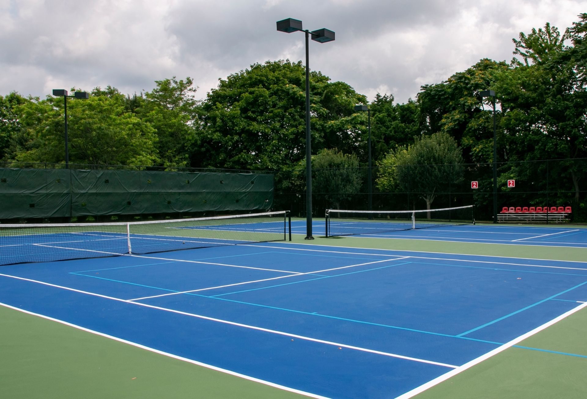 Empty blue and green pickleball court with white lines, nets, and trees in the background