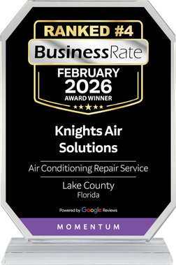 An award plaque for Knights Air Solutions, ranked #4 for air conditioning repair in Lake County, Florida, for February 2026.