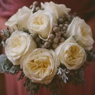 Cream-white rose bouquet with eucalyptus and berries against a muted pink background