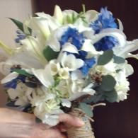 White and blue flower bouquet held in a hand