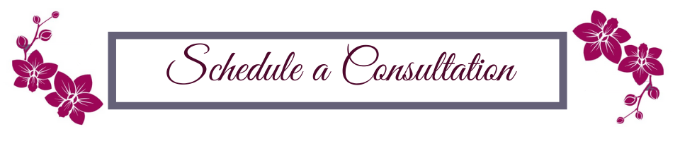 Decorative banner with pink butterflies and a framed “Schedule a Consultation” button