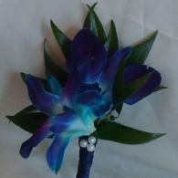 Blue and purple flower-shaped bouquet with green leaves on a dark stem
