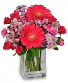 Mixed bouquet of red, pink, and purple flowers in a clear square vase