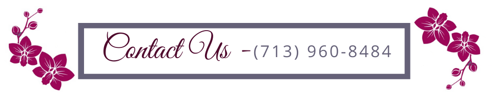 Contact Us banner with purple floral accents and phone number (713) 960-8484