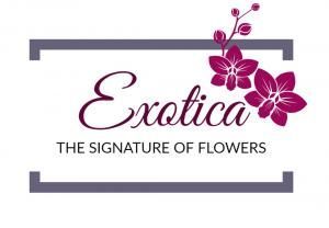 Exotica flower shop logo with pink flowers and gray frame, tagline “The Signature of Flowers”