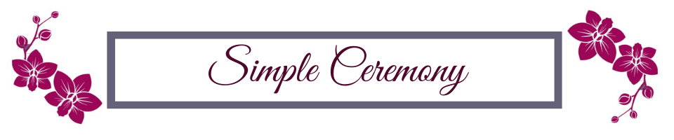 Simple Ceremony logo with purple floral accents and cursive text in a framed banner