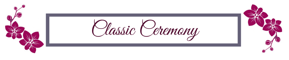 Classic Ceremony logo with purple floral accents and elegant script text