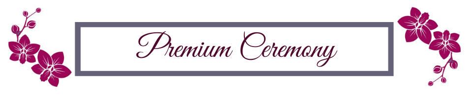 Decorative “Premium Ceremony” banner with purple floral accents on a white background