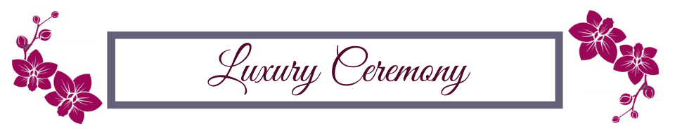 Luxury Ceremony logo with purple floral accents and cursive text in a framed banner