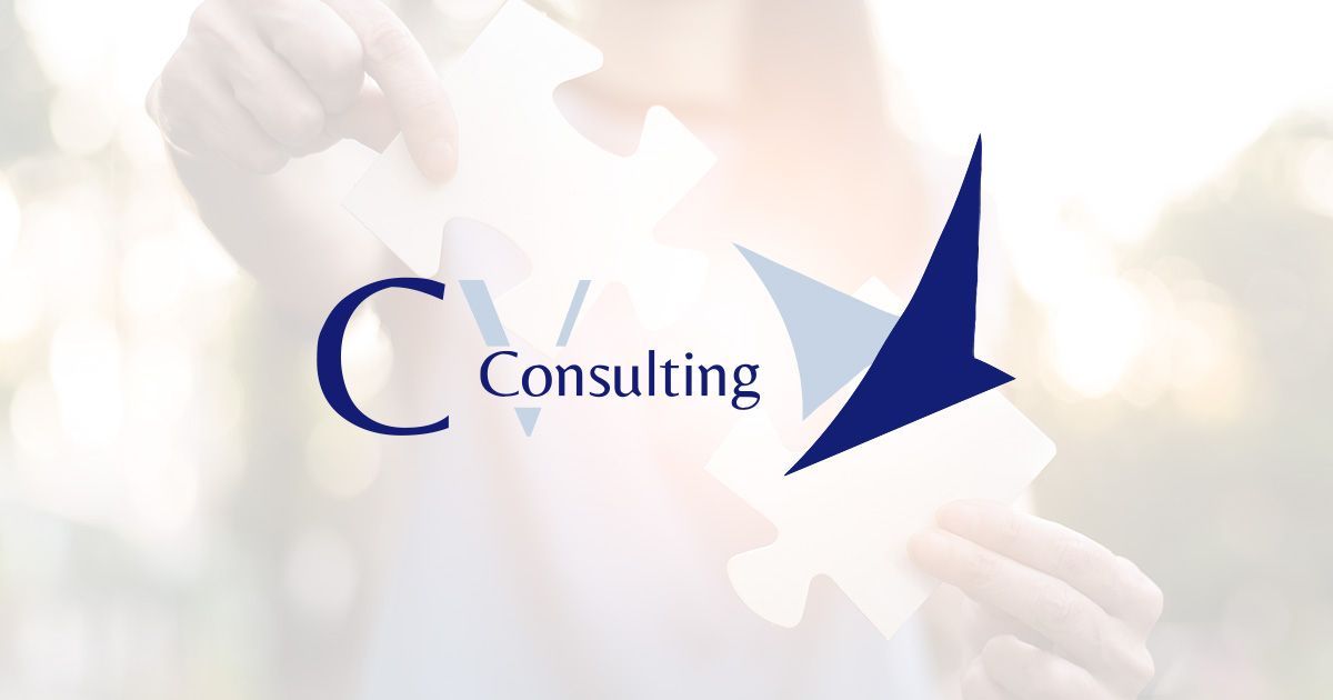Blue “C Consulting” logo with an arrow over a soft handshake background