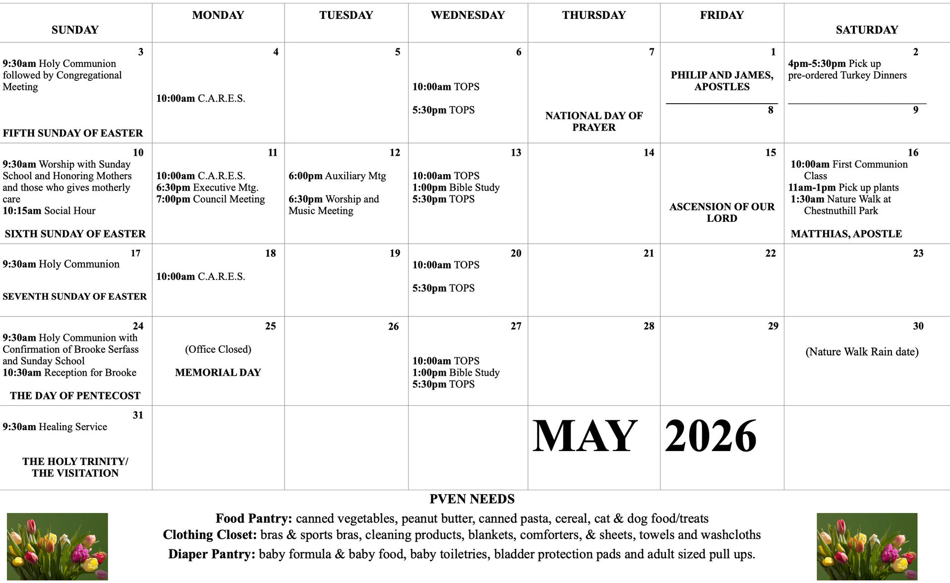 December 2025 calendar with various holiday-related events and church activities.